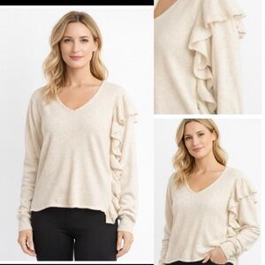Anthropologie John+ Jenn Cream Ivory Asymmetrical Ruffled  Knit Wool Sweater